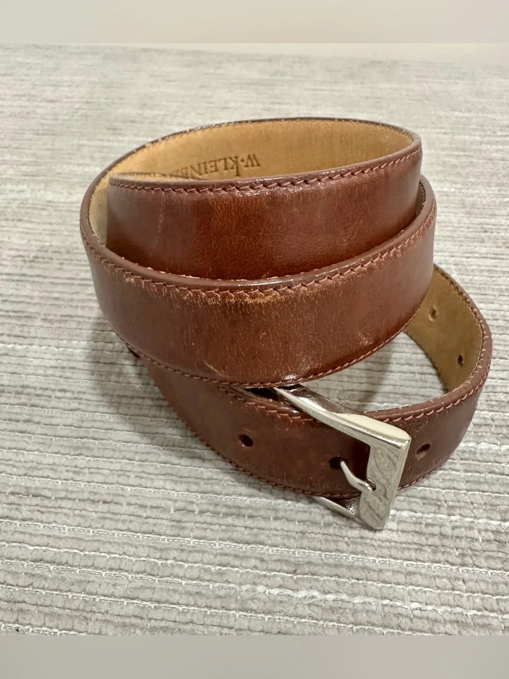 W. Kleinberg Men's‎ Brown Glazed Calfskin Leather Dress Belt Silver Buckle 40